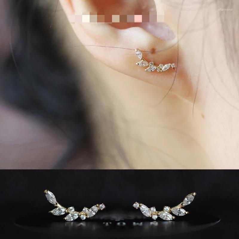 Stud Earrings 14K 9K Pure Gold Earring Simple Mini Square Zircon Flower Curved Stick Cute OL Kids Gift Woman Girl Ear Jewe265F