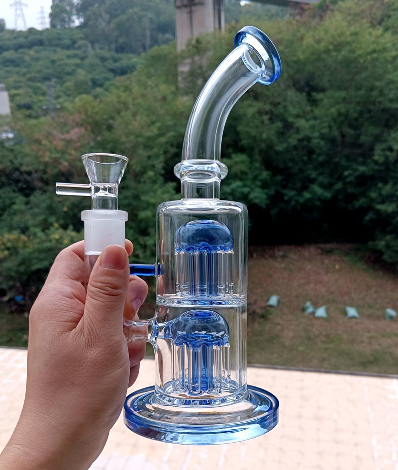 Double Arm Tree Perc Water Bong Hookahs Blue Recycler Dab Rig Tube 14mm rökrör med skåltillbehör