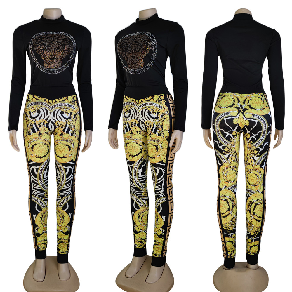 2024 Designer Brand Women Tracksuits High Neck Set Jogging Suit Print Pullover Pants Lady Outfit Långärm Sweatsuits Rhinestone kläder 8992-1
