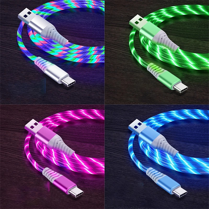 3A كابل متوهج يتدفق LED LED Micro USB Type C Cables لـ Samsung Xiaomi Huawei الهاتف المحمول سلك سلك الشحن