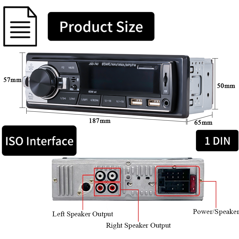 Car Radio Audio 1din Bluetooth Stereo MP3 Player FM Receiver 60Wx4 12V Support Charging USB/TF Card With Remote Control