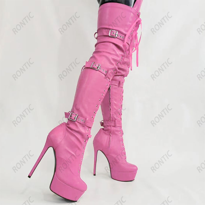 Rontic 2022 Damen Winter-Oberschenkelstiefel, Kunstleder, Schnallenriemen, Stiletto-Absätze, runde Zehen, hübsche rote rosa Partyschuhe, US-Größe 5–20