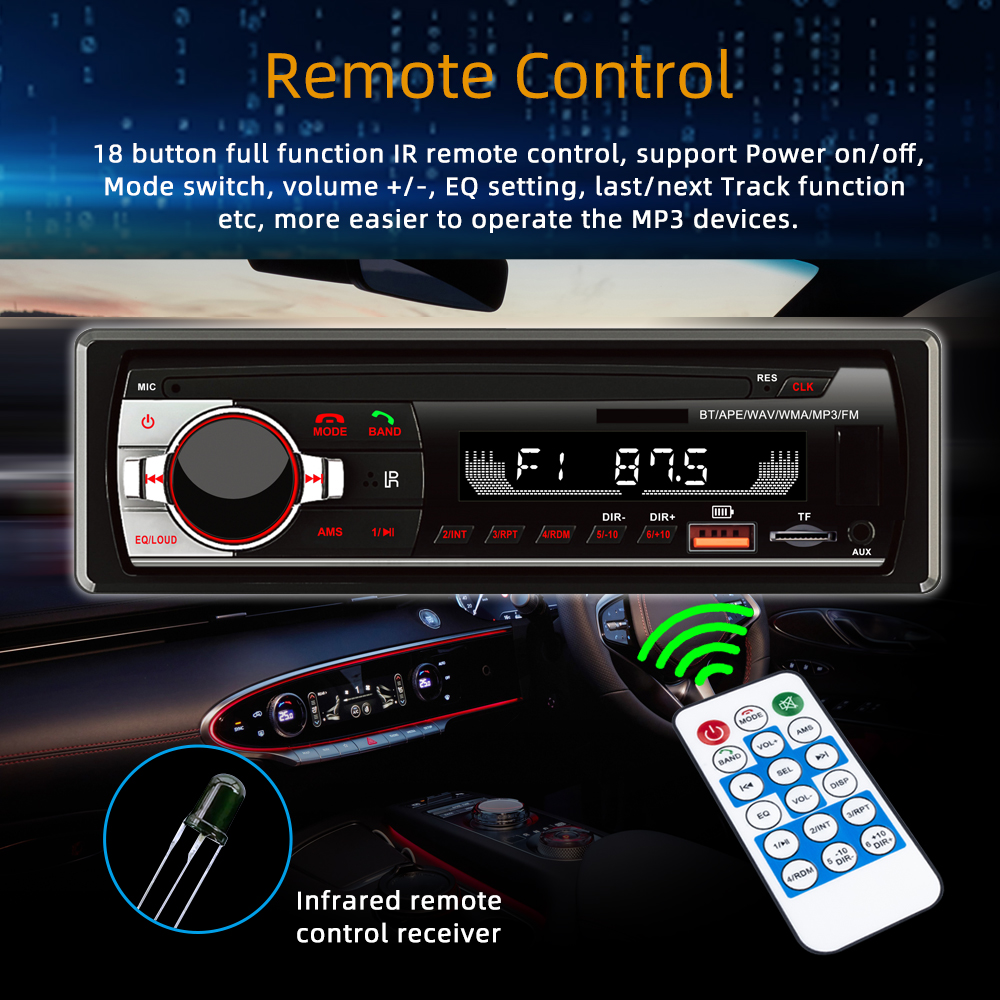 JSD-520 CAR RÁDIO 1DIN FM MP3 Player Audio AUX AUX Entrada Função de carregamento USB/SD com controle remoto na música DASH