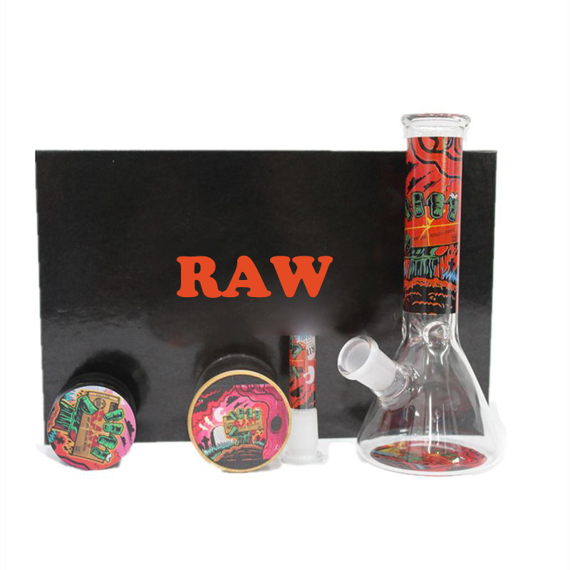 Smoking Personalized RAW Design Glass Bong Hookah Kit Thick Water Pipe With Herb Tobacco Grinder Storage Tank Accessories Smoke Bongs Set Dab Rig