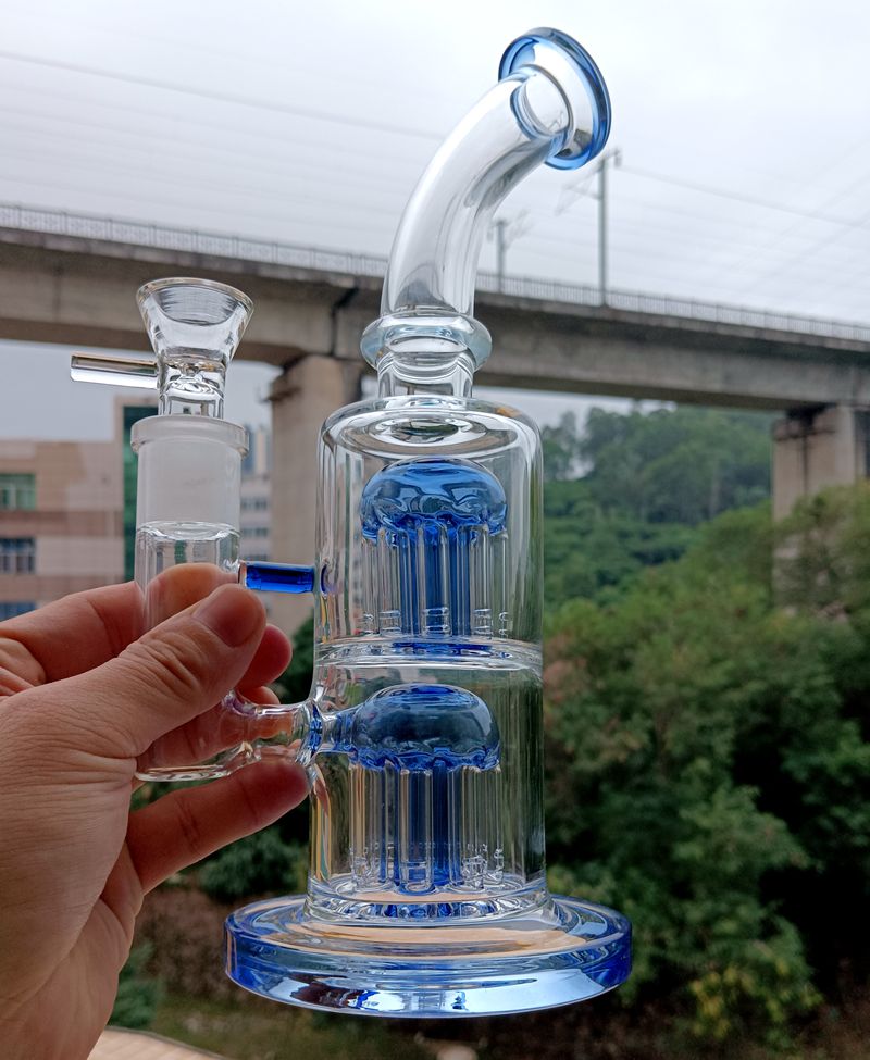 Double Arm Tree Perc Water Bong Hookahs Blue Recycler Dab Rig Tube 14mm rökrör med skåltillbehör