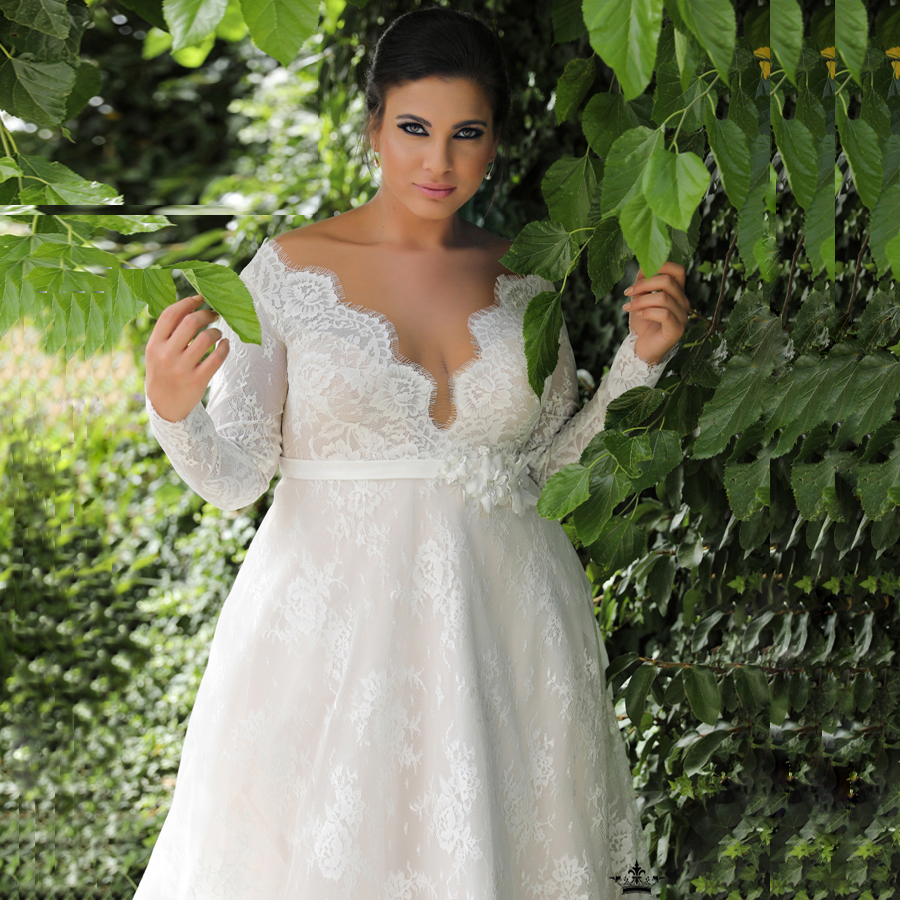 Cheap Lace Wedding Dresses Plus Size Vestido De Novia Sexy V-neck Long Sleeves Illusion Lace Wedding Dress for Bride