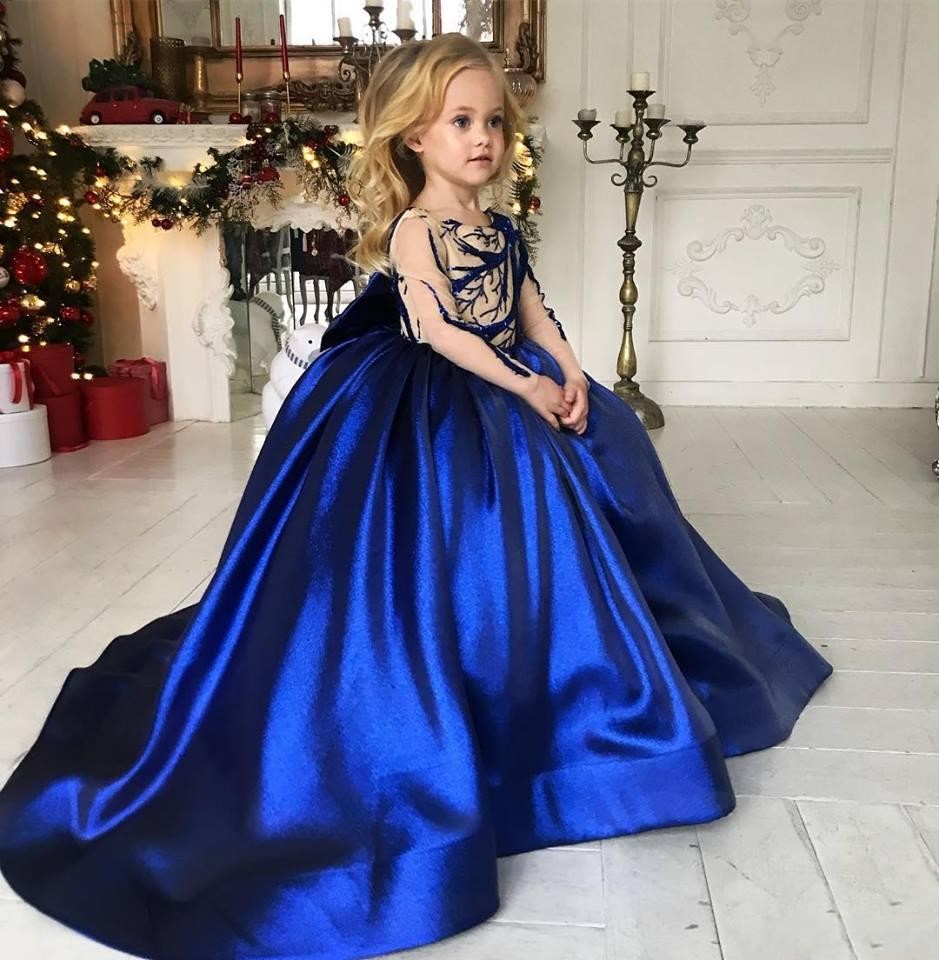 2023 Royal Blue Flower Girls Dresses Satin Long Sleeves Crystal Beads Girl Pageant Dresses Teens Kid Wear Birthday Party Communion Dress