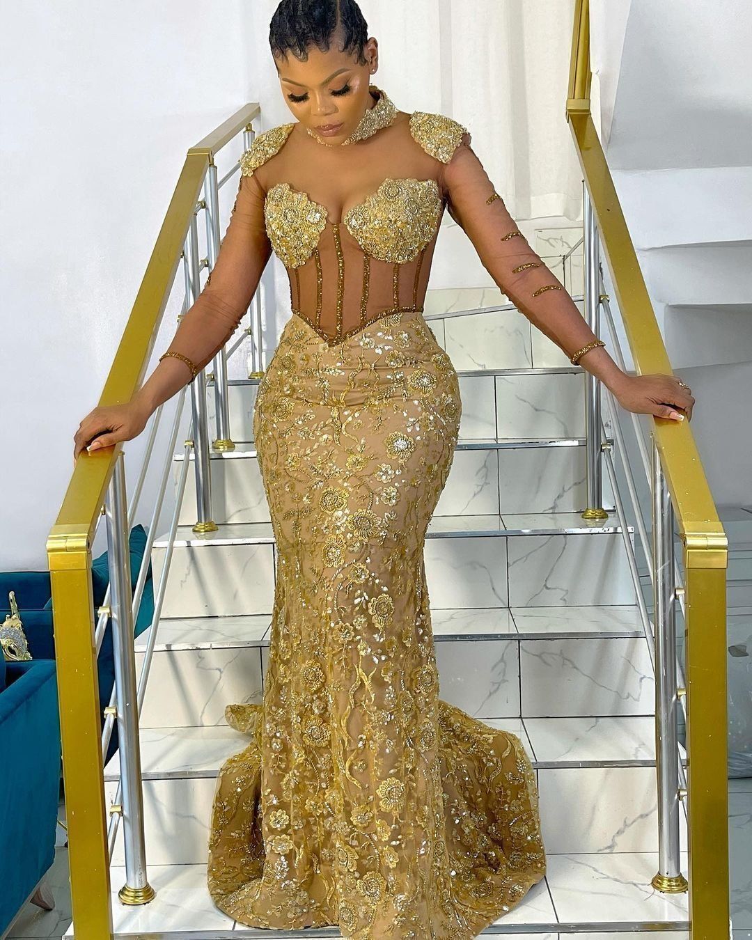 Gold Mermaid Prom Dresses with Long Sleeve 2023 High Neck Gillter Sparkly Lace Beaded African Aso Ebi Evening Occasion Gown