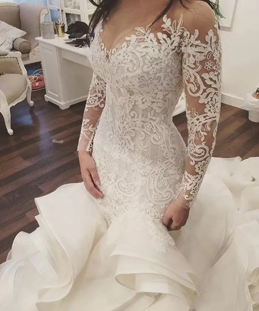 Gorgeous Ruffles Dubai Arabic Mermaid Wedding Dresses For Bride With Long Sleeves Sheer Neck Lace Bridal Gowns Chapel Train Slim and Flare Vestidos De Novia CL1469