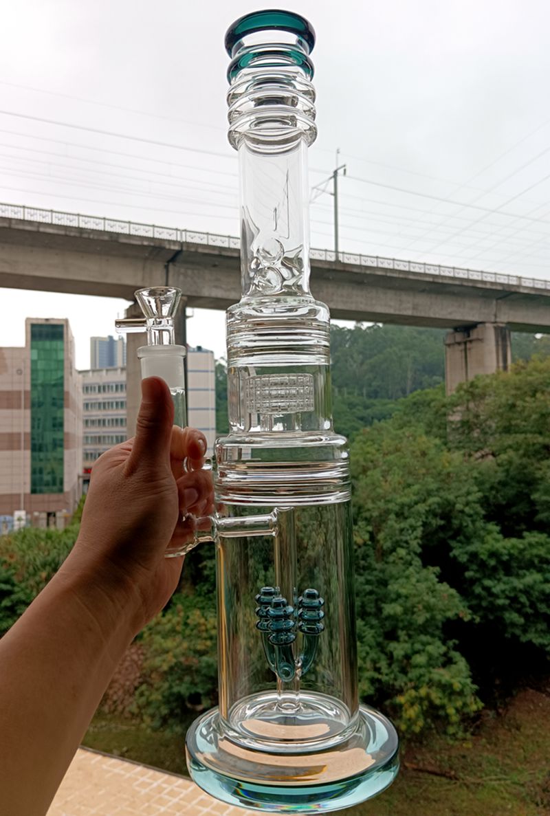 18 Inch Green Glass Bong Hookahs Water Recycler Dab Rig With Tire Perc Shisha Oil Burner Pipes for Smoking