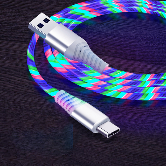 3A كابل متوهج يتدفق LED LED Micro USB Type C Cables لـ Samsung Xiaomi Huawei الهاتف المحمول سلك سلك الشحن