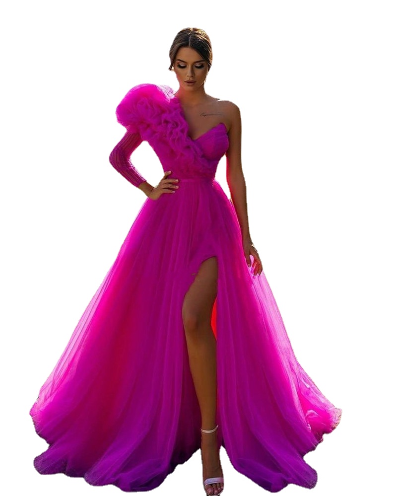 Fuchsia Pink Tulle Prom Dresses Vestidos De Fiesta One Sleeve V-neck Puffy Organza Arabic Dubai Formal Evening Gowns With Slit Front