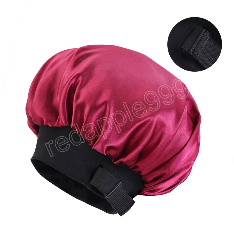 Verstellbare doppellagige Satin-Mütze für Damen, breites Band, Turban, Nachtschlafmütze, einfarbig, weicher Kopfwickel, langes lockiges Haar