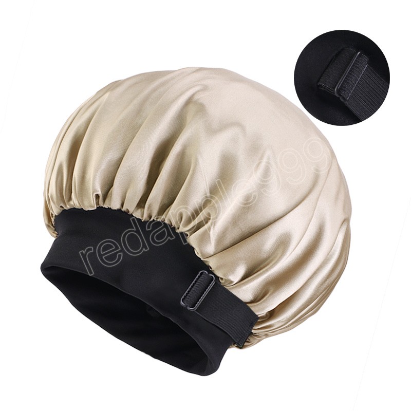 Verstellbare doppellagige Satin-Mütze für Damen, breites Band, Turban, Nachtschlafmütze, einfarbig, weicher Kopfwickel, langes lockiges Haar