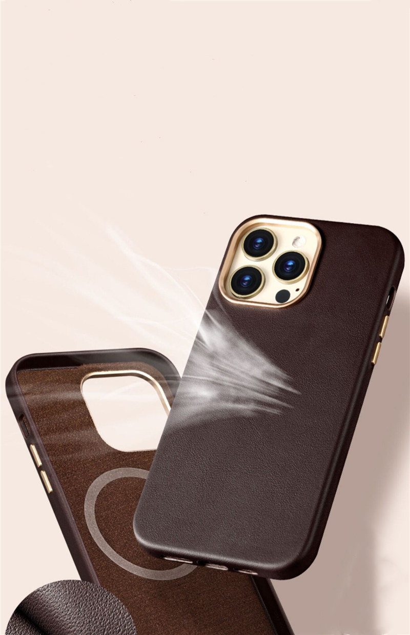 Casse in pelle di vacca nappa italiana magnetica iPhone 14 Pro Max 13 12 Copertina ad anello metallica