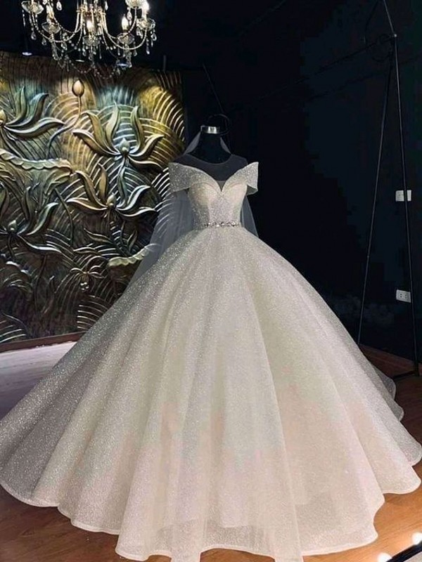 Luxury Sequined Glitter Ball Gown Wedding Dresses For Bride Sexy Off the Shoulder Dubai Arabic Princess Bridal Clowns Vintage Plus Size Ballgown Vestidos Al7973