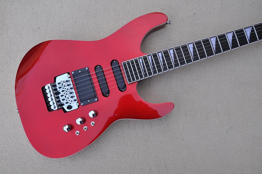 Chitarra elettrica rossa in metallo personalizzata in fabbrica con doppio ponte Rock Tastiera in palissandro Hardware cromato Pickup SSH Può essere personalizzato