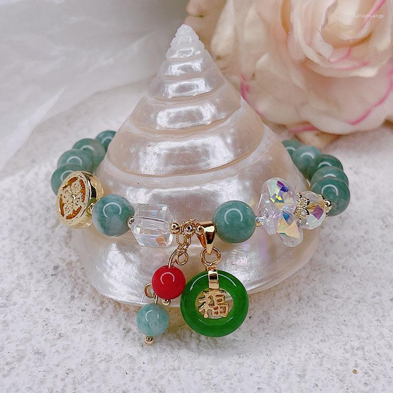 Strand Women's Chinese Style Antique Gold Filigree Jade Beaded Bracelet Fuk Brand Feng Shui Women Lovers Gift249b