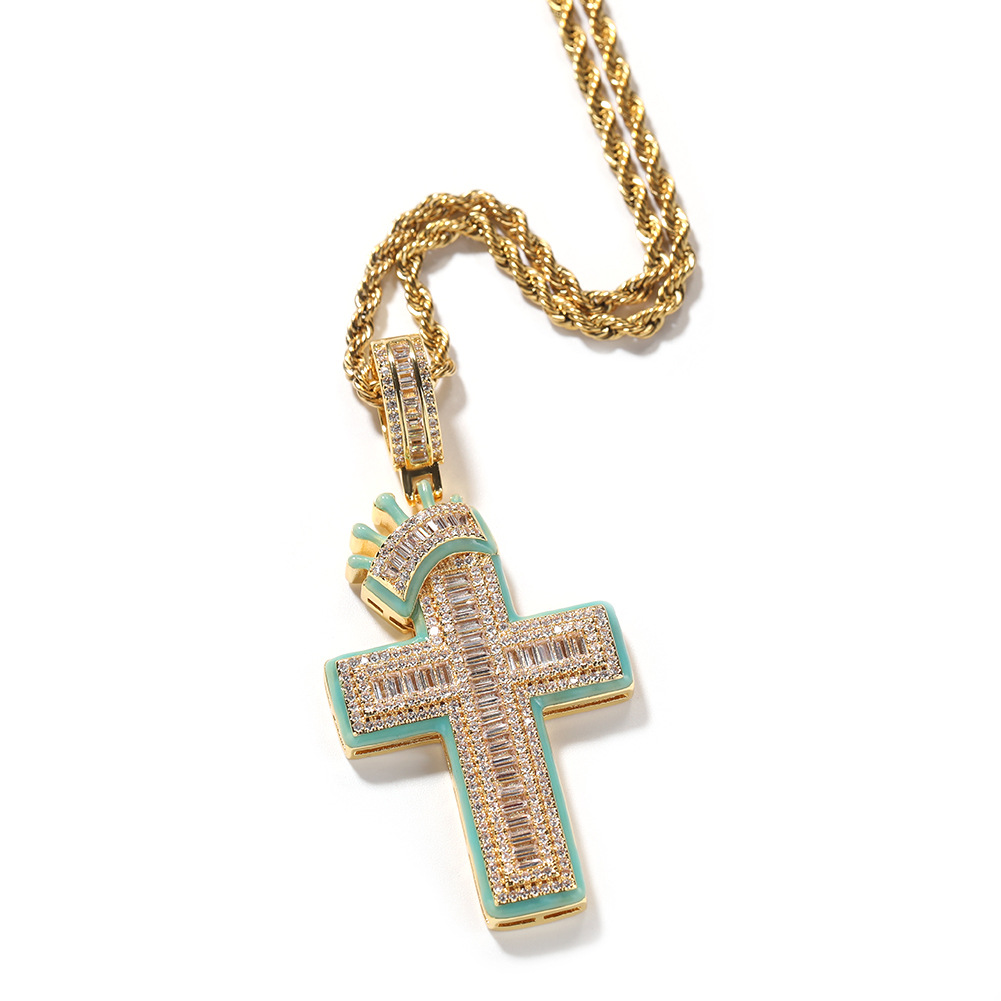 TopBling Hip Hop Crown Cross Pendant Necklace Glow At Night Real White Gold Plated Jewelry