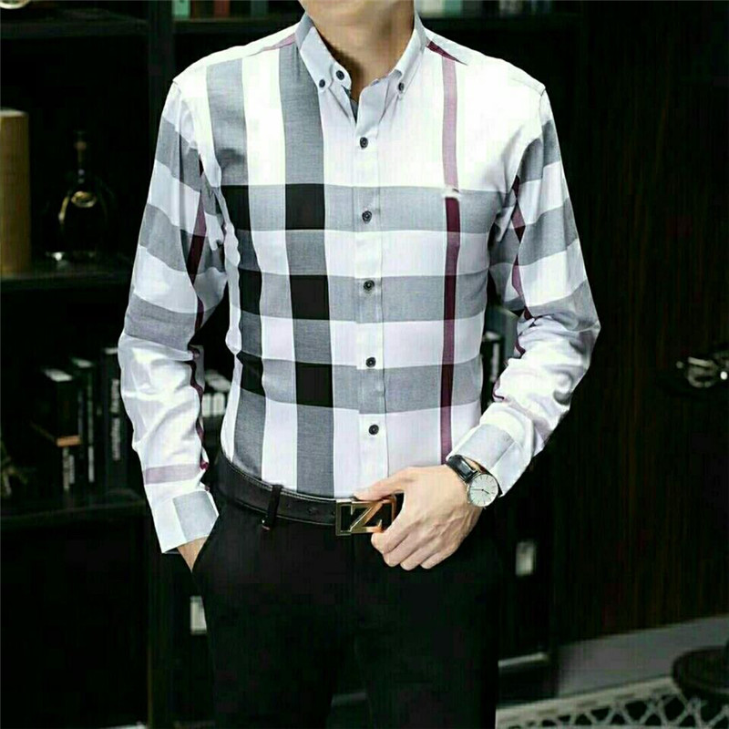 Designer Mens Dress Shirt casual Slim Silk T-shirt Manga comprida Roupas casuais de negócios xadrez masculino asiático szie xxl xxxl