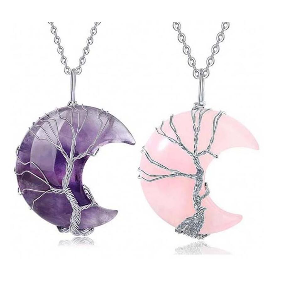 Natural Crystal Pendant Tree of Life Moon Shape Necklace for Women Men Polished Mineral Healing Jewelry Choker Gifts