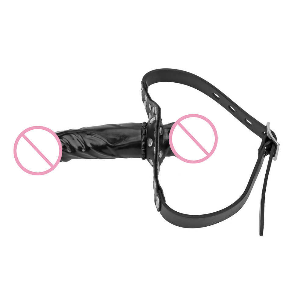 Beauty Items IKOKY Silicone Double-Ended Dildos Gag Strap On Open Mouth Dong Plug With Locking Buckles Leather Harness Bondage For Couples