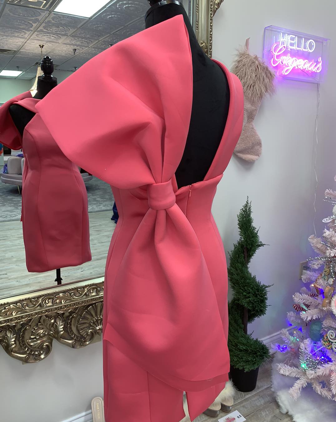 Miss Lady Pageant Interview Dress 2023 Big Bow Short Fitted Red Carpet Cocktail Gown Formal Event Party Graduation Hoco Gala Appearance Wedding Guest Water Melon NYE