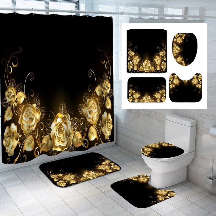 Rideaux de douche Brillant Rouge Golden Rose Rideau imperméable Set Couverture de toilette Tapis de bain antidérapant Tapis de salle de bain Tapis de Noël Décor 221118