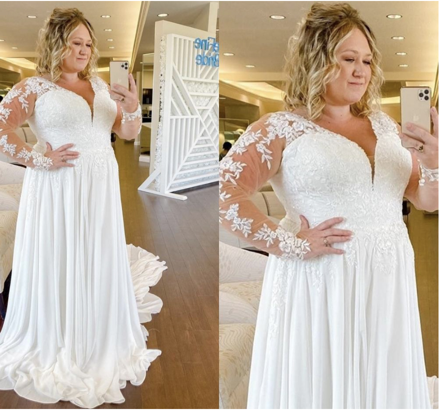 Plus Size Wedding Dress Elegant Chiffon Royal Train Long Sleeve Lace Appliques V-neck Bridal Gowns Simple Large Size for women