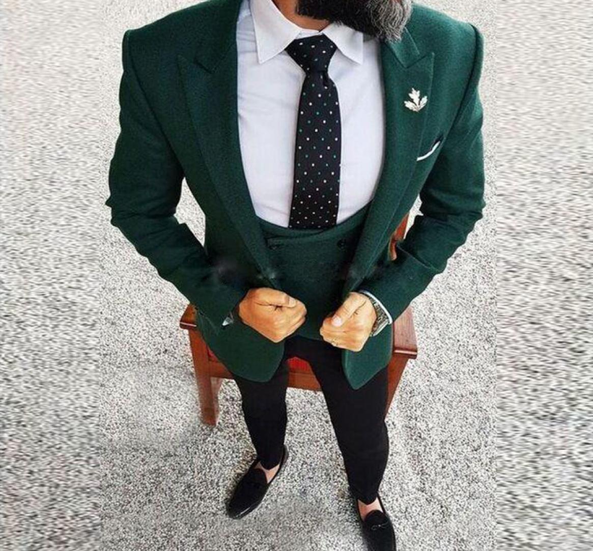 Hunter Green One Button Wedding Groom Tuxedos Peak Lapel Groomsmen Men Suits Prom Blazer8385010