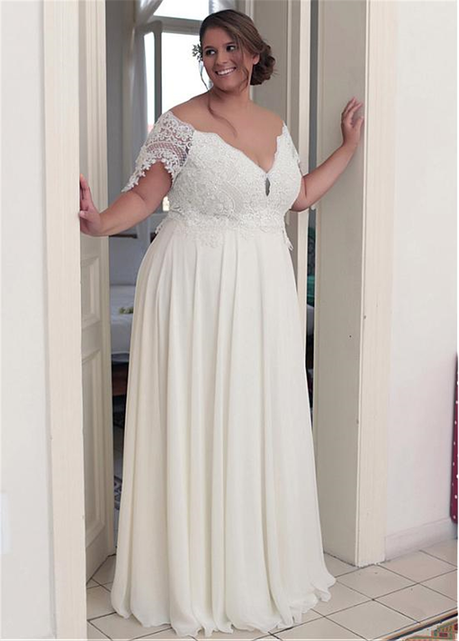 Unique Chiffon Jewel Neckline A-line Plus Size Wedding Dresses With Beaded Lace Appliques Short Sleeves Bridal Gown