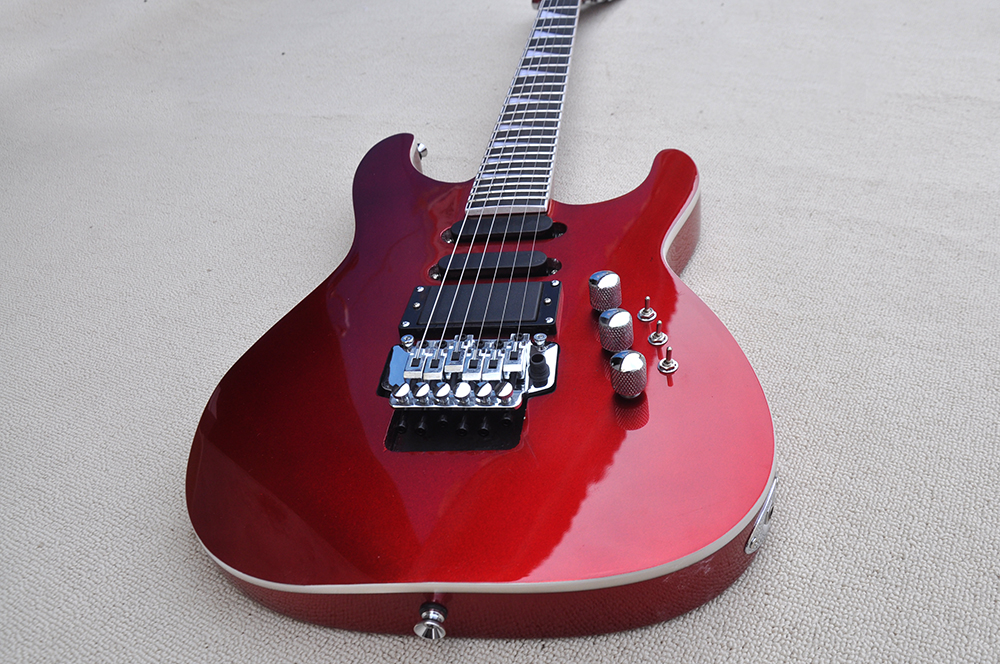 Chitarra elettrica rossa in metallo personalizzata in fabbrica con doppio ponte Rock Tastiera in palissandro Hardware cromato Pickup SSH Può essere personalizzato