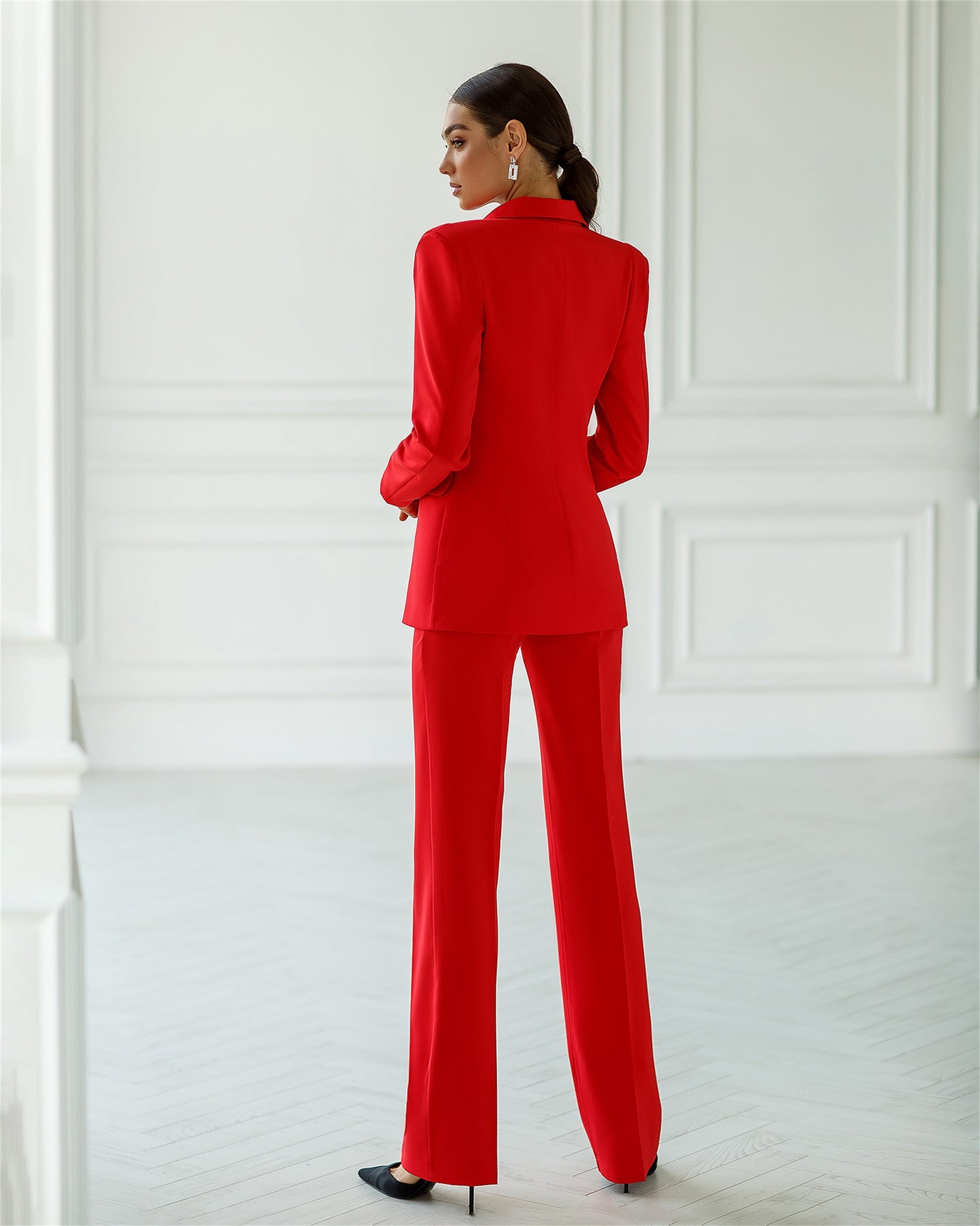 Office Lady Pants Suits Formal Women Red Blazer Wear Prom Party Business Outfits Jacket And Trousers