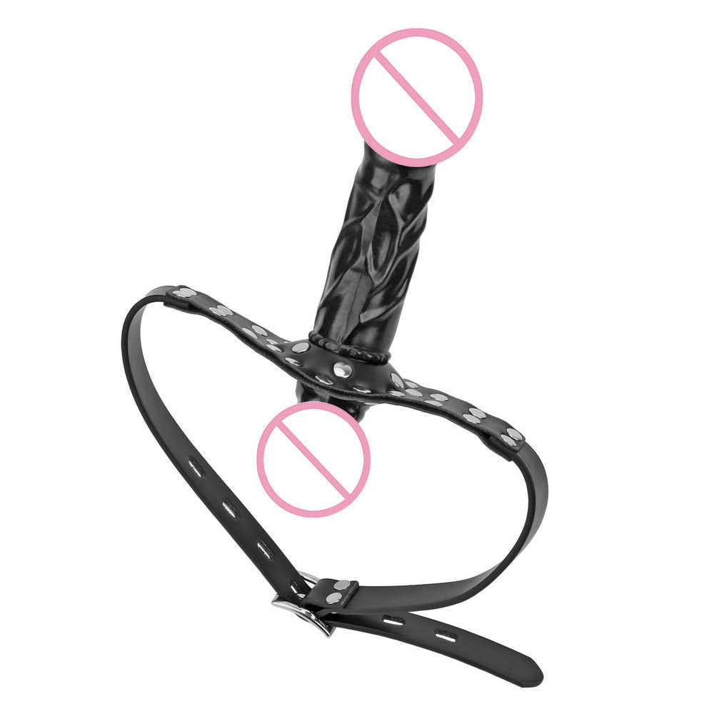 Articles de beauté IKOKY Silicone Godes à double extrémité Gag Sangle sur bouche ouverte Dong Plug avec boucles de verrouillage Harnais en cuir Bondage pour les couples