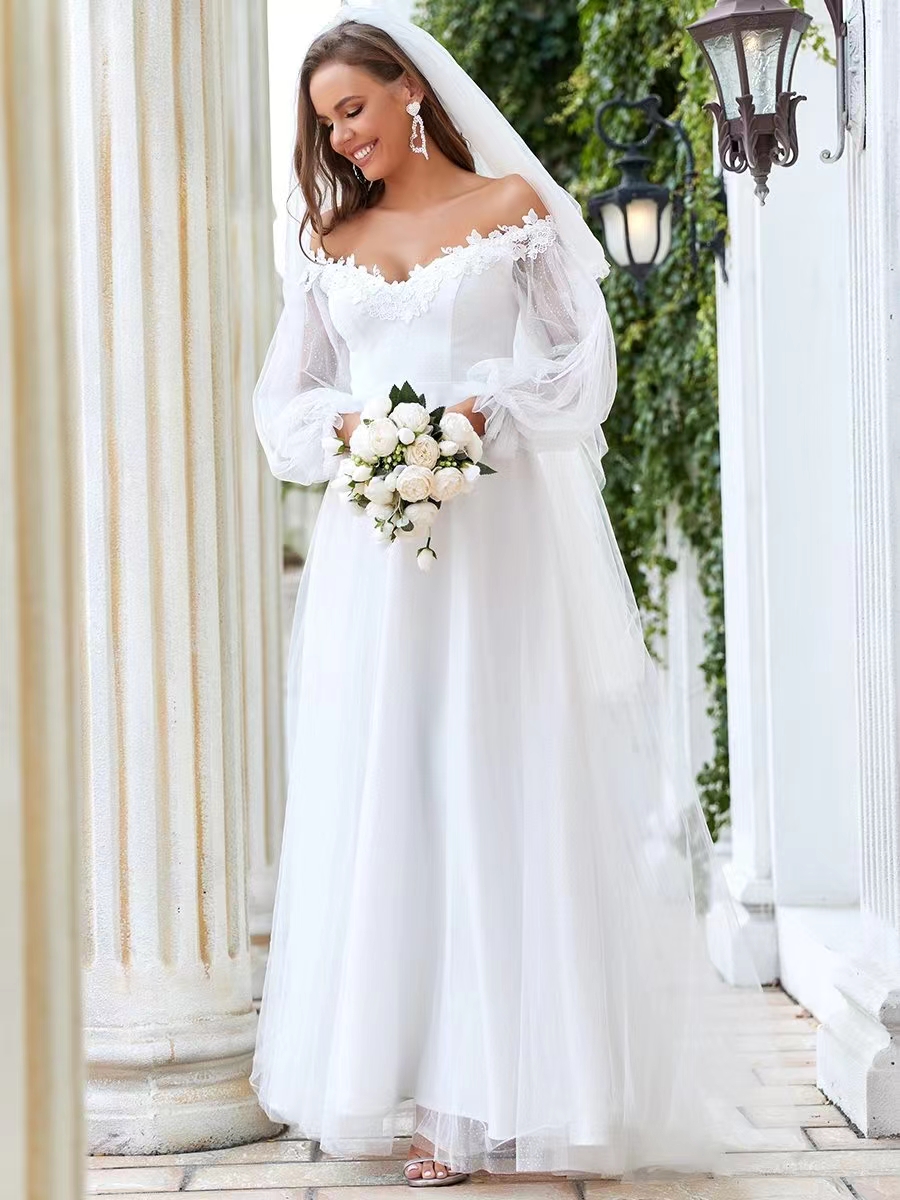 Plus Wedding Dress Off Shoulder A-line Deep V Long Sleeve White EP326