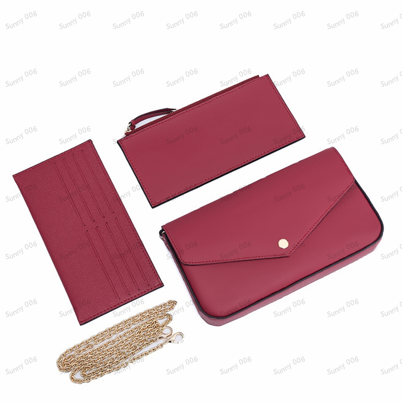 3-teiliges Set, Kartenhalter, Brieftasche, luxuriös, einfarbig, Geldbörse, Designer-Kettentasche, geprägte Umhängetasche, Kleingeldtasche, Umschlagtaschen