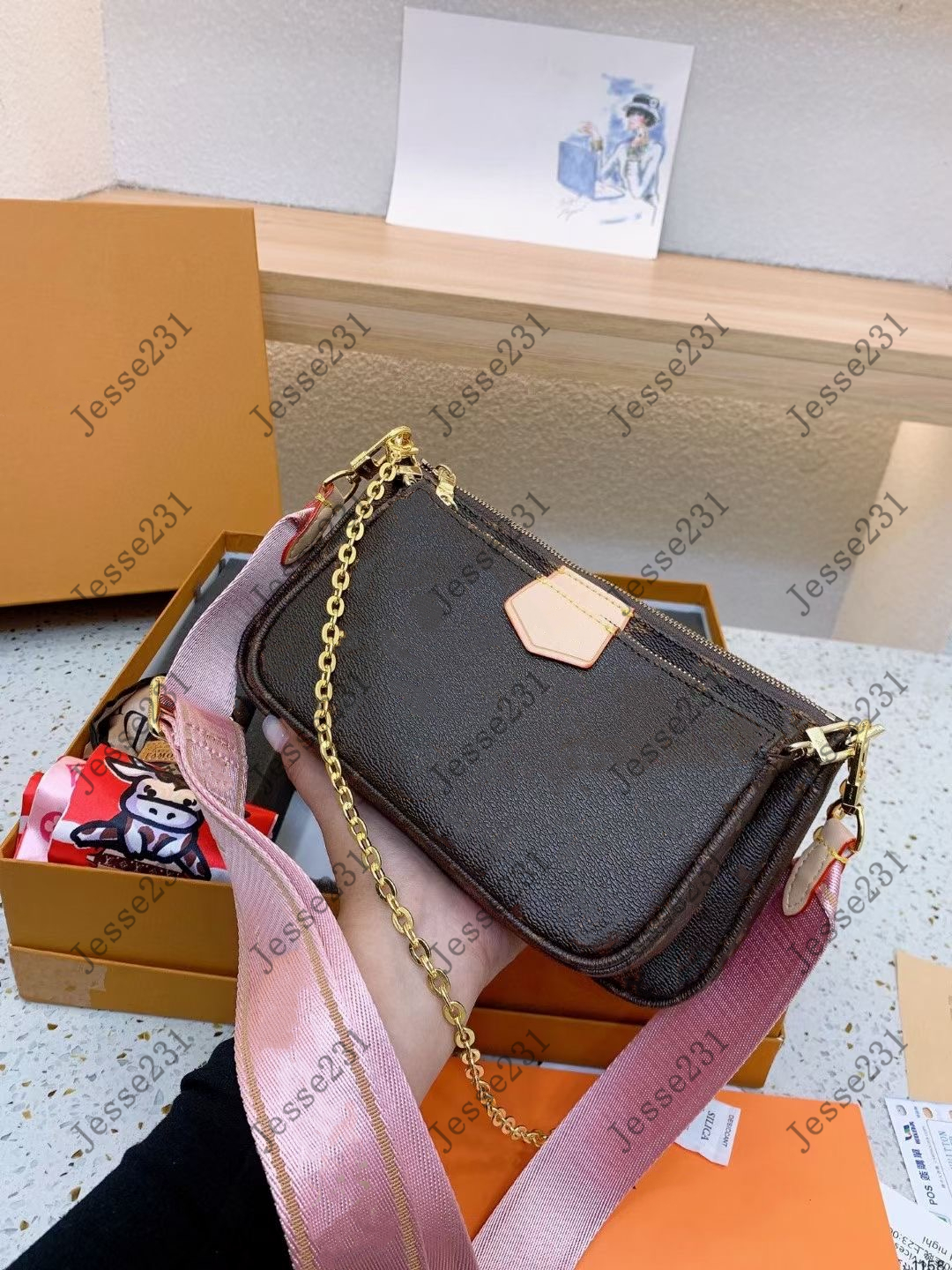 7A Fashion Designer bags Womens Genuine Leather Purse Crossbody Bags Lady Shoulder Bags straps wallet Silk scarves handbags 265e