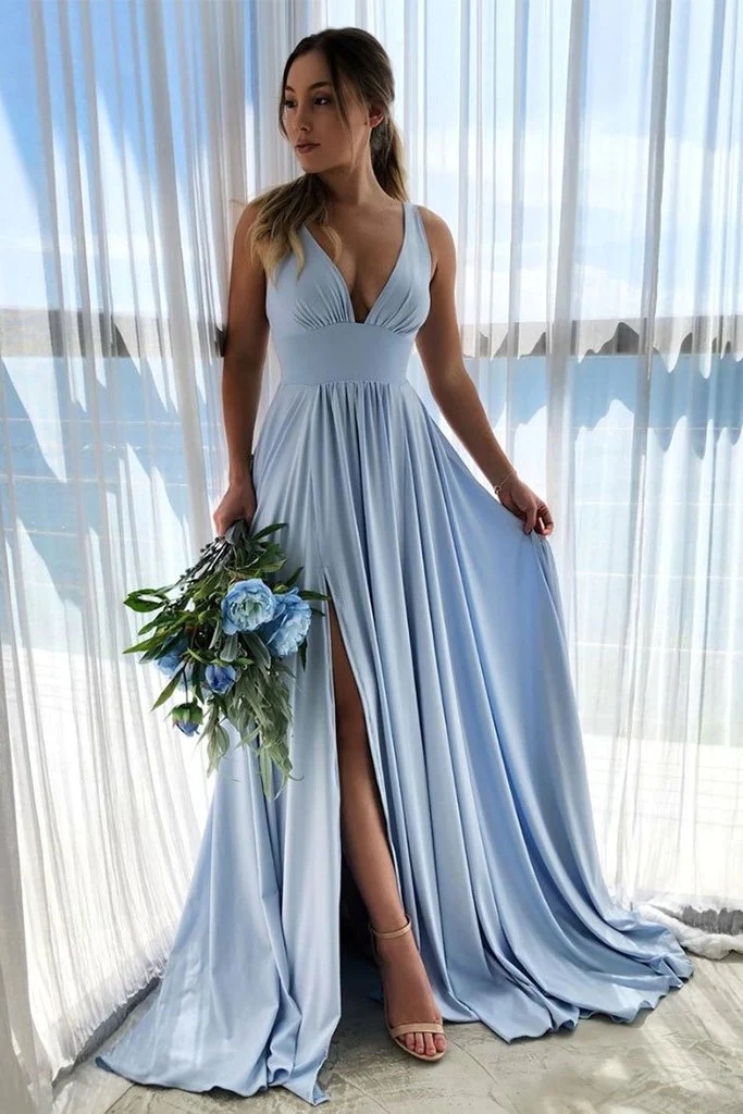 Robe de demoiselle d'honneur en mousseline de soie bleu ciel clair, longue et sexy, col en V profond, fente latérale, robes de soirée d'invité de mariage d'été froncées, grande taille, robe de soirée de demoiselle d'honneur CL1486