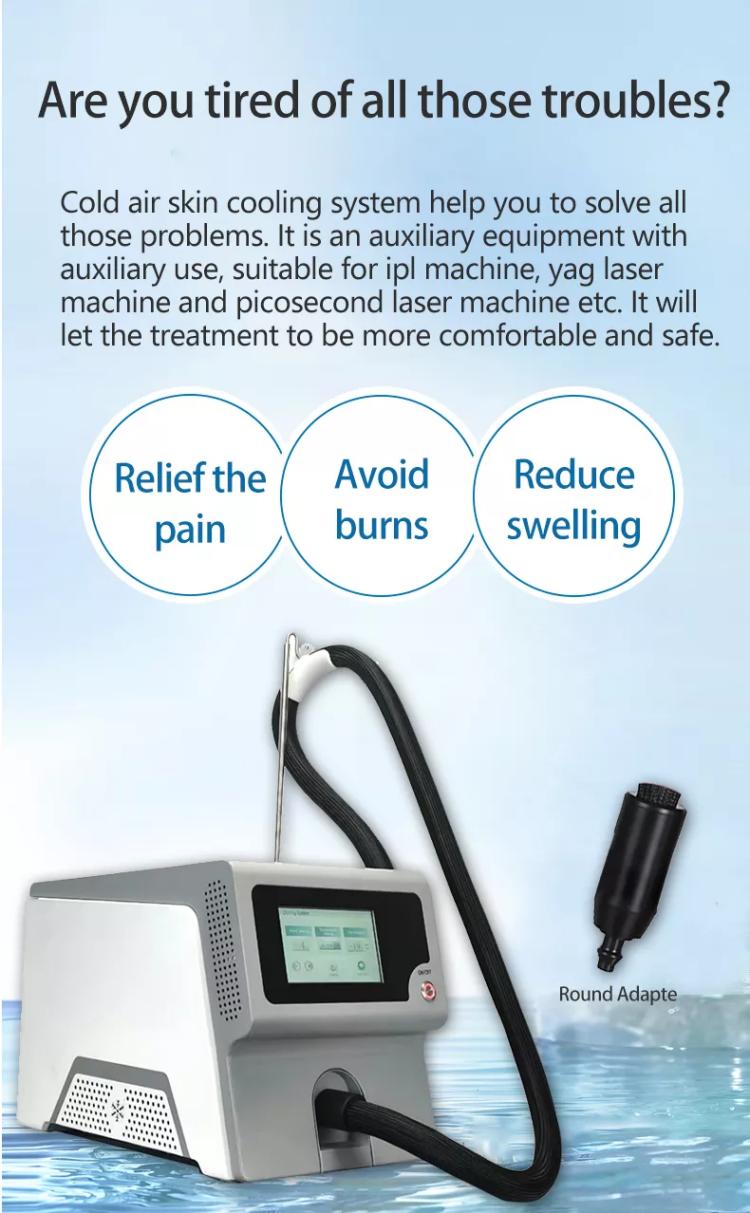 Sistema portátil de resfriamento da pele para tratamento a laser IPL co2 -temperatura de 20 graus para reduzir a dor Dispositivo de resfriamento criogênico