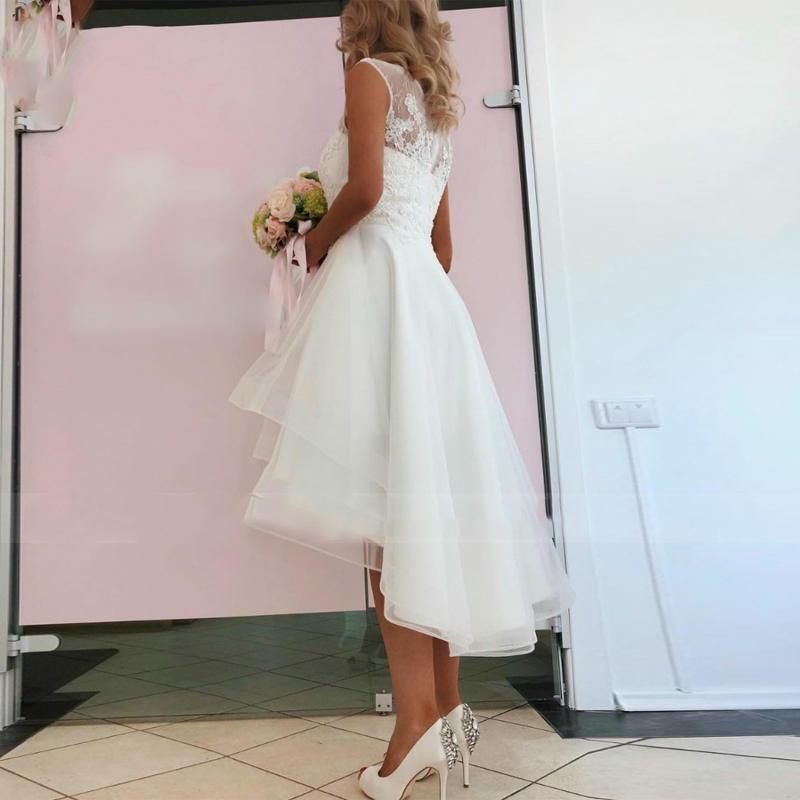 Seksowne vestido de noiva prosta koronkowa krótka suknia ślubna boho wysoko z przodu niska plaża ślubna suknia ślubna aplikacja organza
