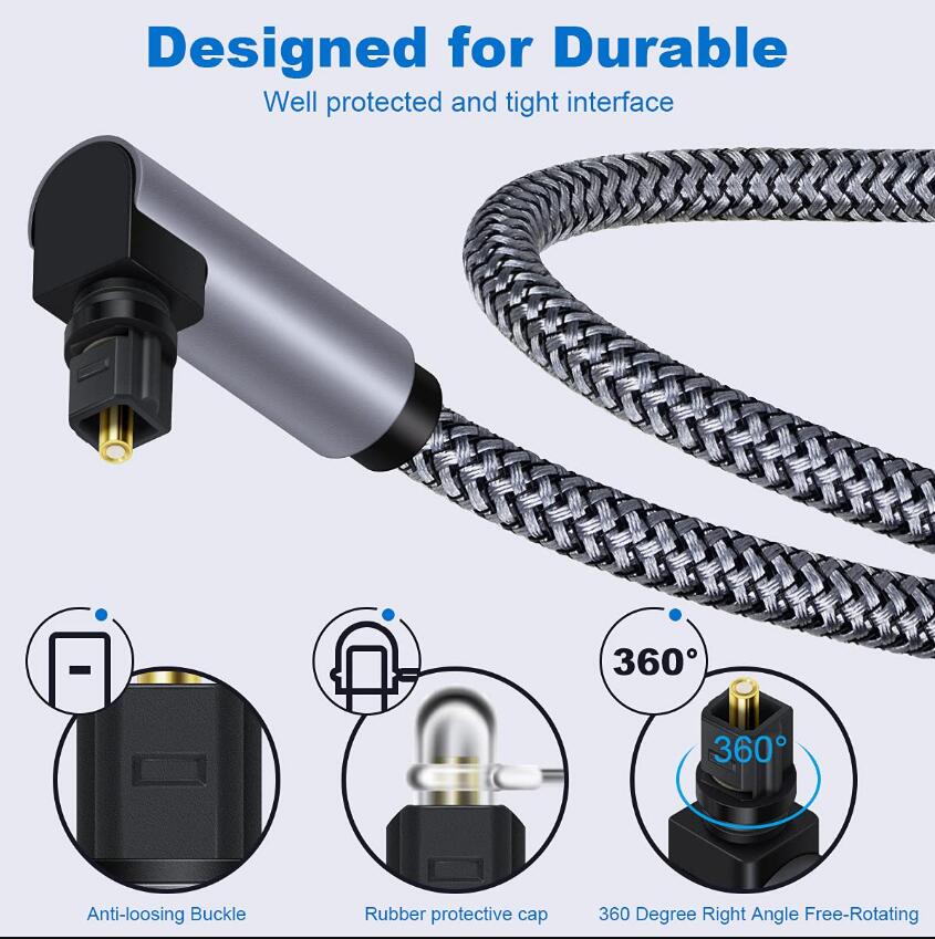 Adaptateur de câble Audio à Fiber optique numérique à 90 degrés, câbles SPDIF plaqués or Toslink de 1m 2m OD4.0 OD5.0