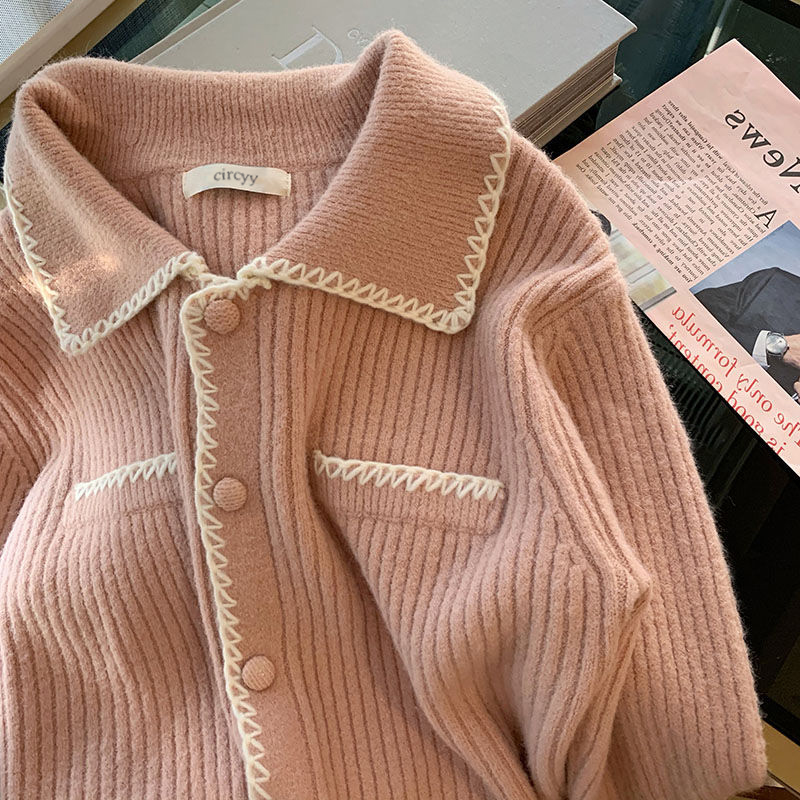 Mulheres Cardigan Vintage Sweater grosso coreano chique chique com nervura doce casaco de peito único outono inverno quente 2023