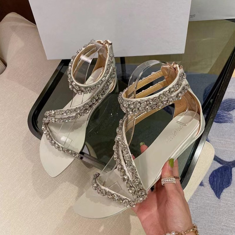 Amina muaddi Begum Crystal Embellished Buckle Stain Spool Flat Sandals Women's Luxury Designer Dress Shoes Evening Backless Sandals 35--42size