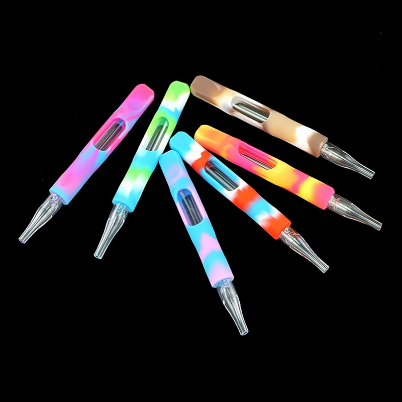 Colorful Silicone Skin Protect Thick Glass Pipes Pencil Style Dry Herb Tobacco Smoking Bong Wax Oil Rigs Nails Tip Straw Portable Cigarette Waterpipe Holder DHL