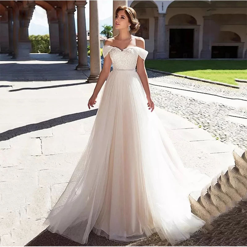 Lång A-Line Off Shoulder Bridal Wedding Dress Sweetheart Lace Applique Tulle Bride Dresses Woman Vestido de Novia 2022