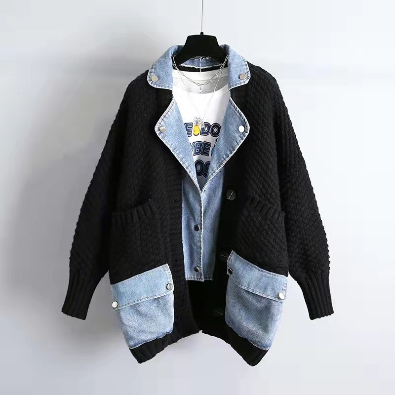 Women Cardigan Winter Jacket Fake Two Coat Knitted Clothing Korean Denim Patchwork Pockets Turn-Down Collar Outerwear New 2023