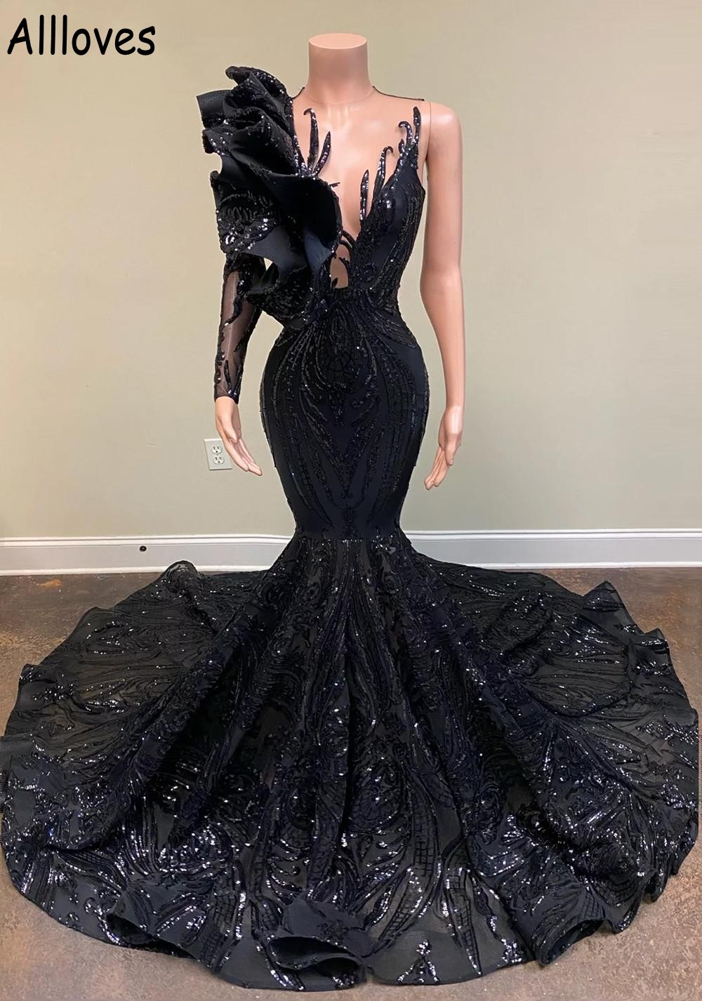 Vintage Black Sequined Lace Mermaid Evening Dresses Arabic Aso Ebi Sexy Sheer Neck One Shoulder Long Sleeve Prom Party Gowns For Women Formal Occasion Dress CL1478