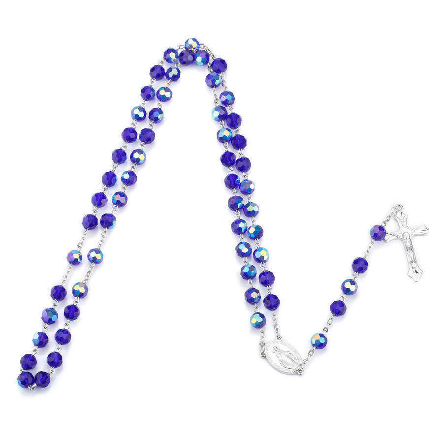 Beaded Necklaces Dark Blue Glass Crystal Catholic Rosary Necklace Christ Cross Rosary285P