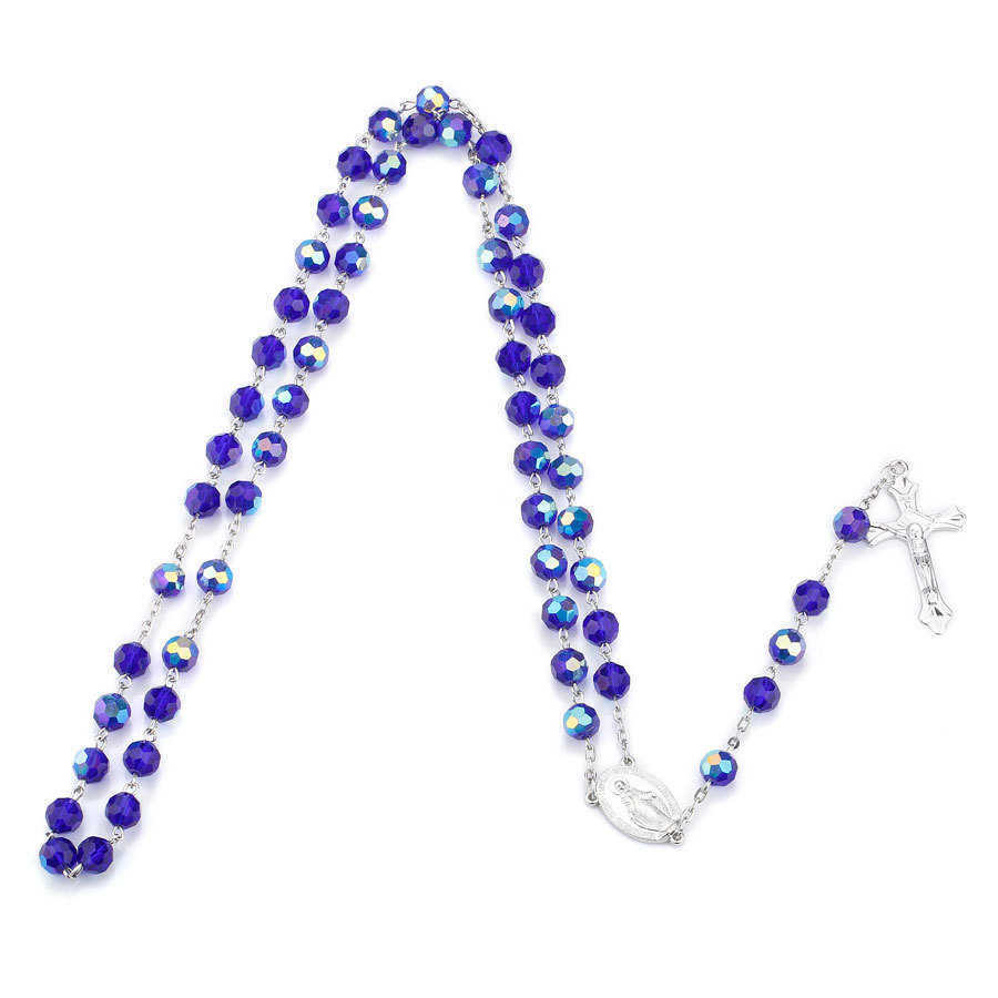 Beaded Necklaces Dark Blue Glass Crystal Catholic Rosary Necklace Christ Cross Rosary302k