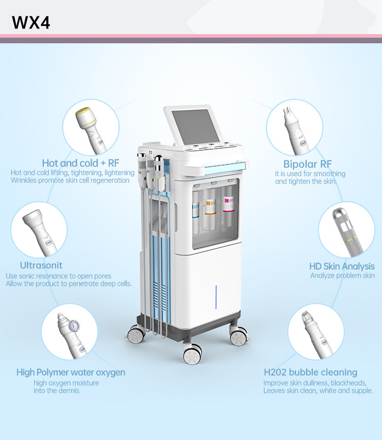 6-w-1 Wodór Tlen Gorący pęcherzyka mikrodermabrazja czyszczenie ultradźwiękowe Suplement RF Pielężenie skóry Instrument wykrywania skóry